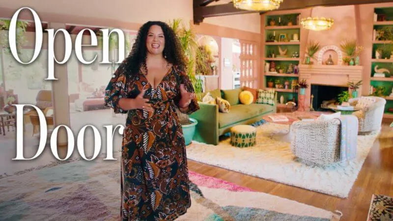Justina Blakeney in her renovated Spanish Style living room, from the Architectural Digest Open Door video